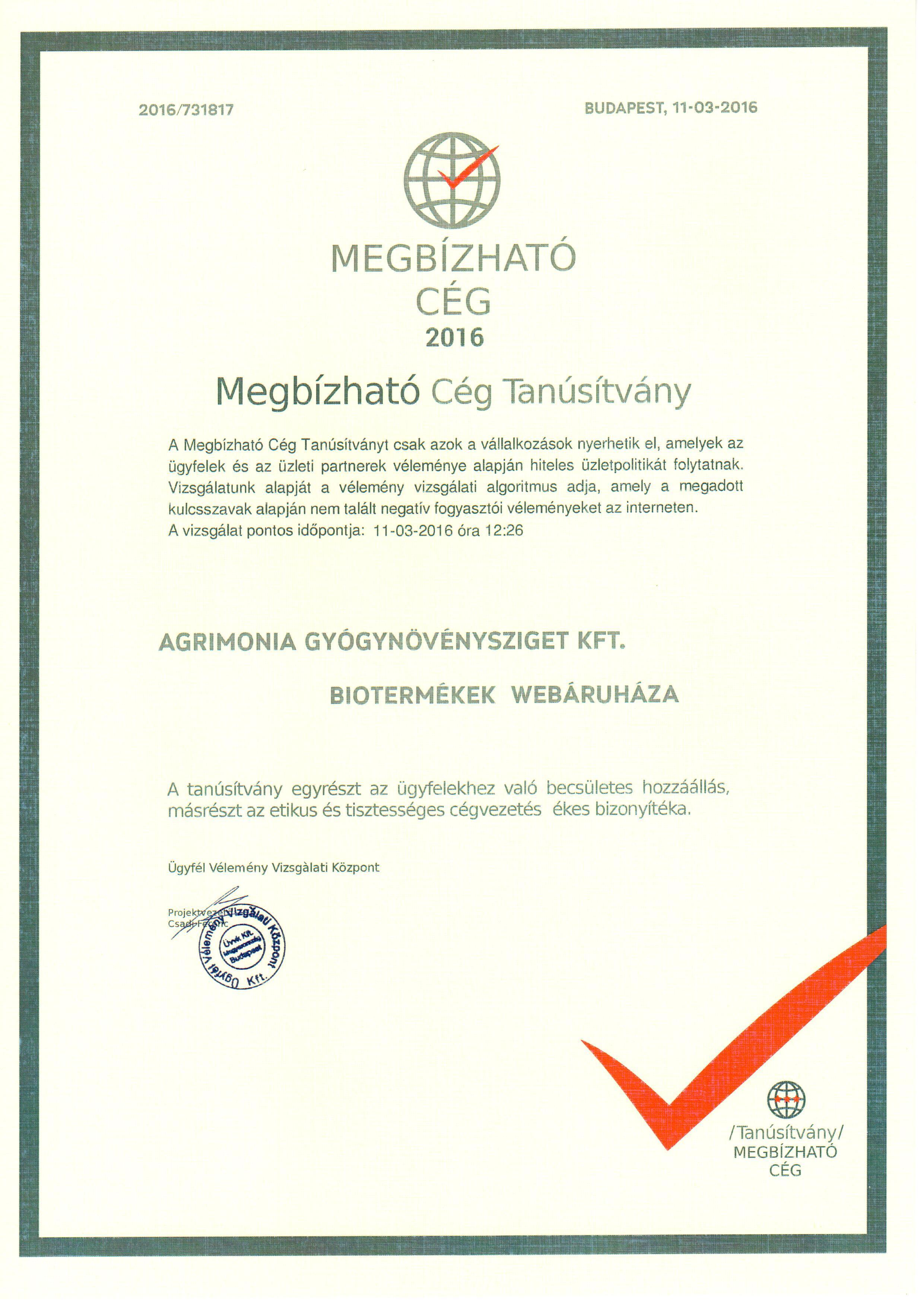 Megbízható cég tanúsítvány 2016. Gyógynövénysziget webáruház