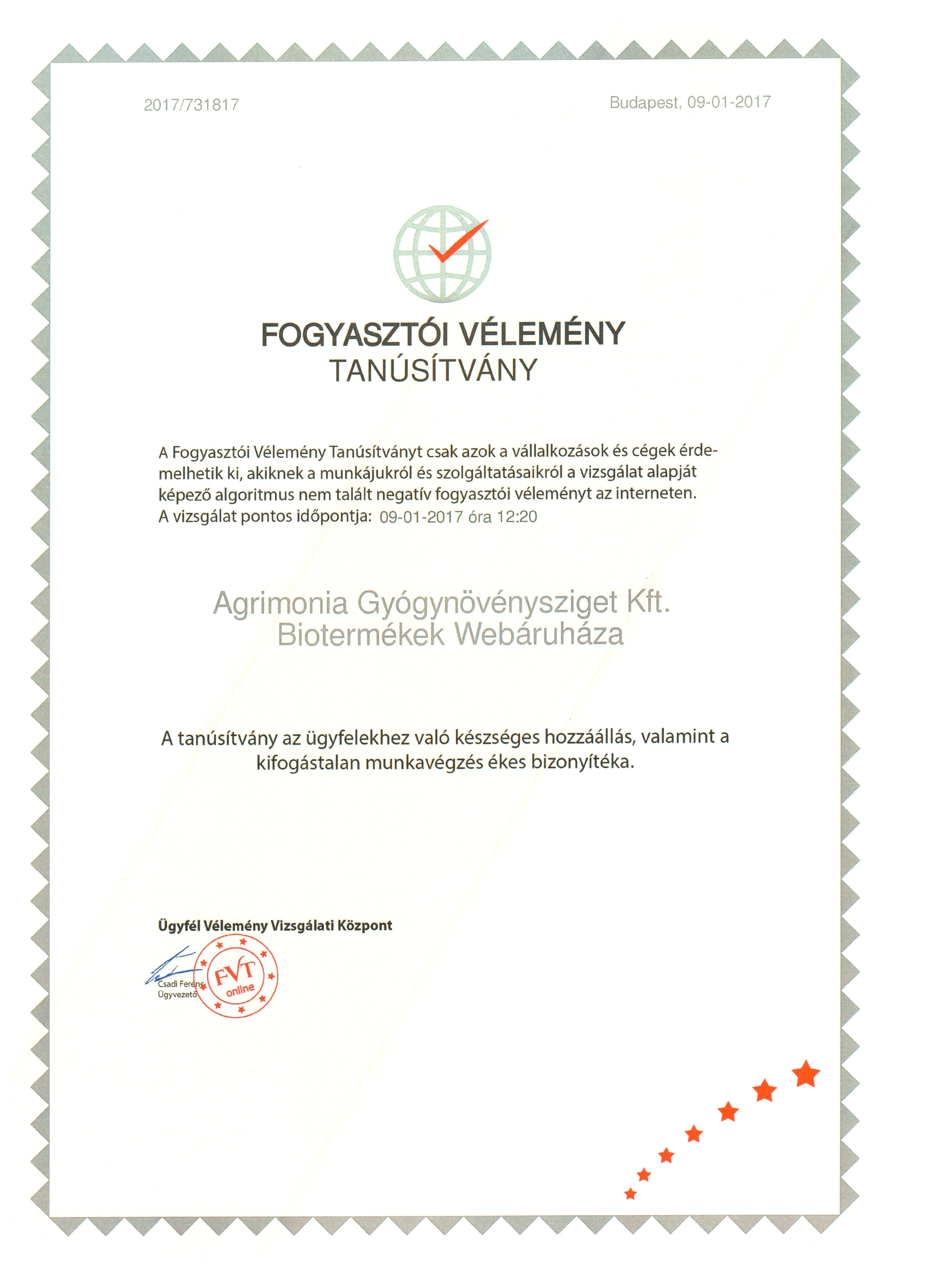 Megbízható cég tanúsítvány Gyógynövénysziget webáruház