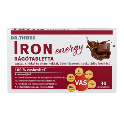 Dr. THEISS Iron Energy Rágótabletta Vassal, Cinkkel, Vitaminokkal, csokoládé ízben 30 db