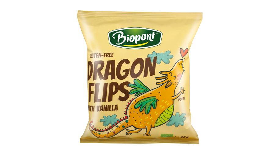 BIOPONT Dragon Flips - Bio Kukorica snack valódi vaníliával 25 g BIOPONT Dragon Flips - Bio Kukorica snack valódi vaníliával 25 g